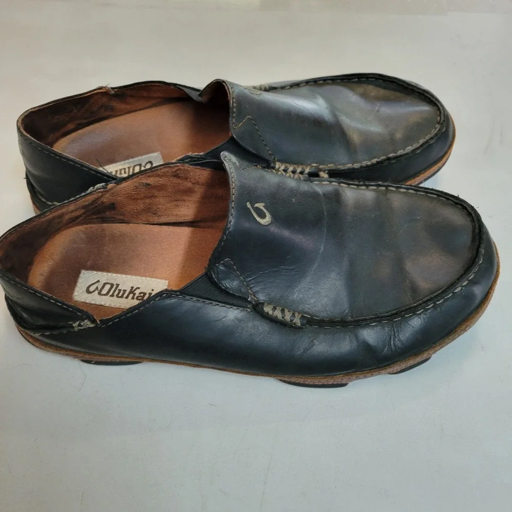 OluKai Moloa Mens Black Leather Slip On Loafers Drop In Heel 10128-4033 Size 9.5